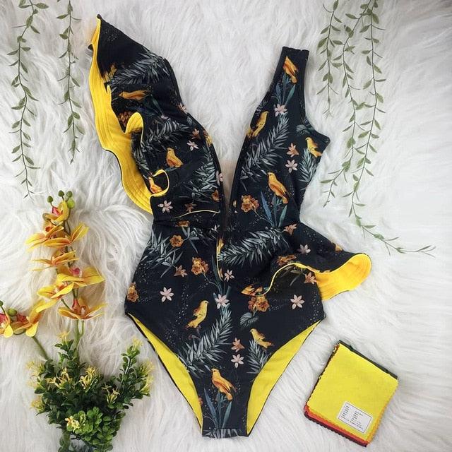 New Sexy Ruffle Print Floral One Piece Off The Shoulder Swimwear
