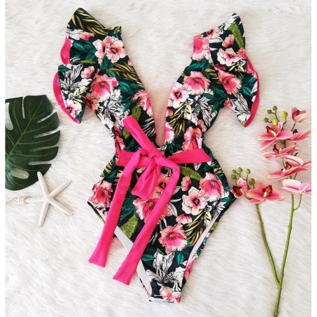 New Sexy Ruffle Print Floral One Piece Off The Shoulder Swimwear