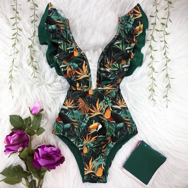 New Sexy Ruffle Print Floral One Piece Off The Shoulder Swimwear