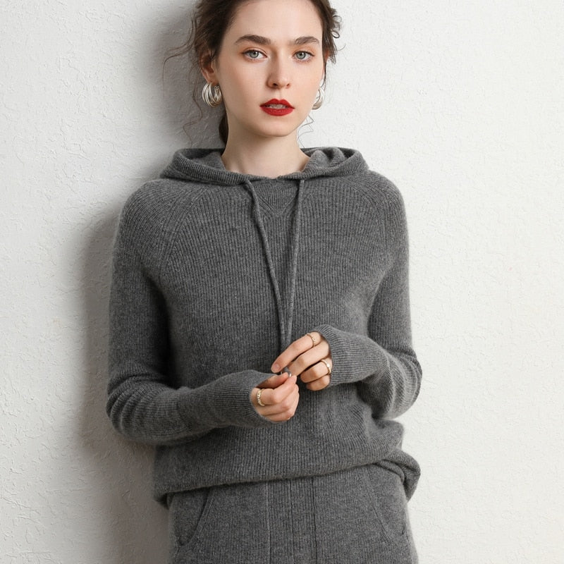 Autumn and Winter Women's Cashmere Hooded Sweater Suit with Cashmere Pants