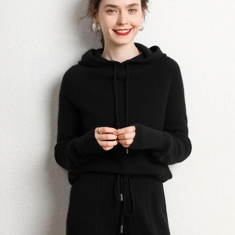 Autumn and Winter Women's Cashmere Hooded Sweater Suit with Cashmere Pants