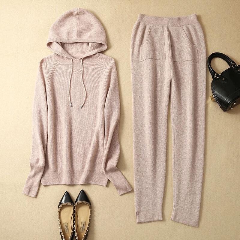 Autumn and Winter Women's Cashmere Hooded Sweater(Pants Not Included)