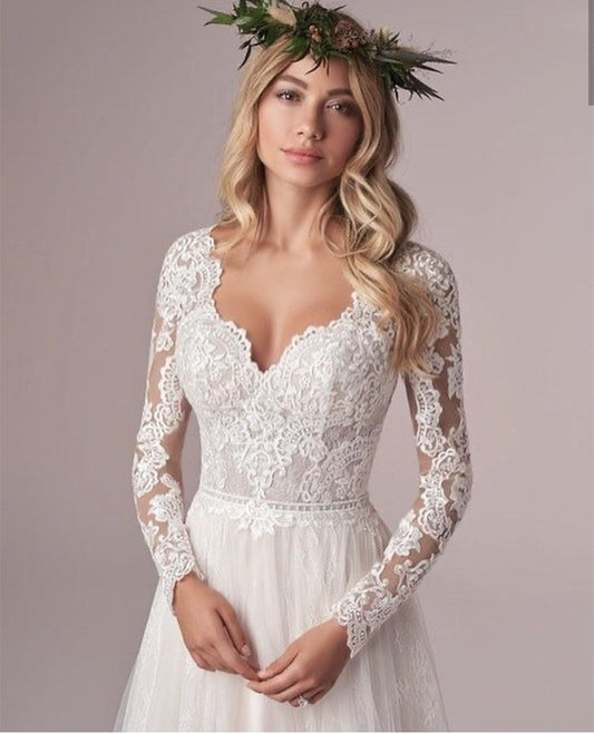 Graceful V-Neck Floor length Long Sleeve Wedding Dress With Corset Low Back - HER SHOP®