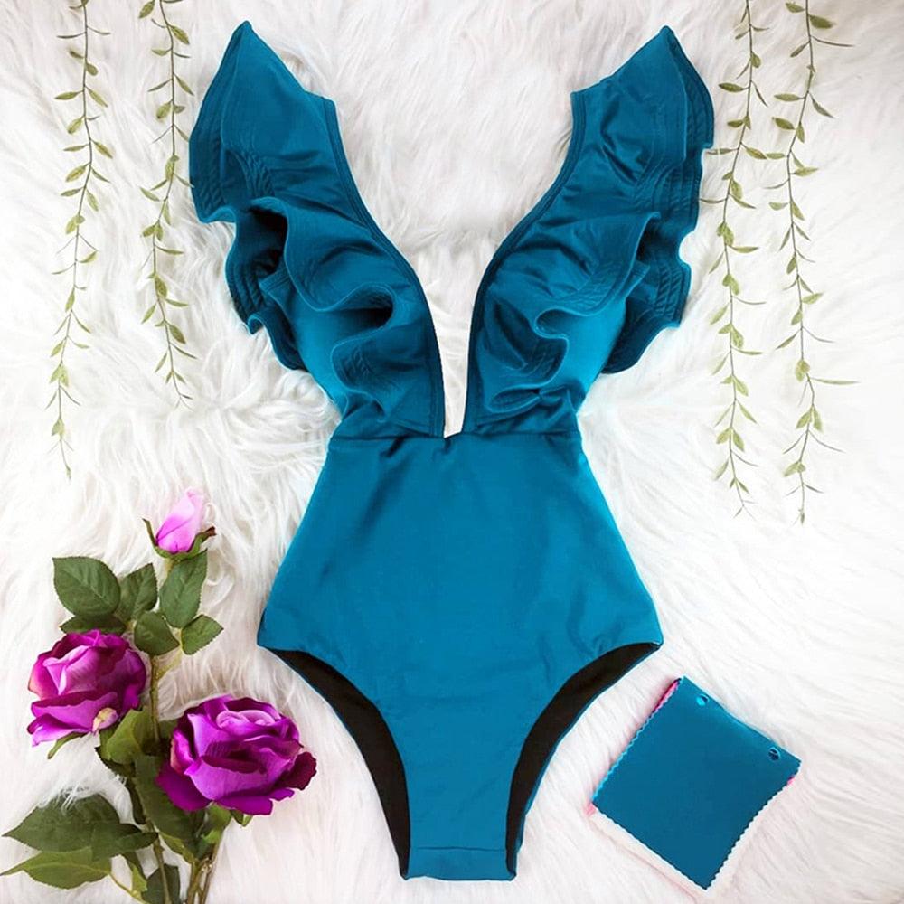 New Sexy Ruffle Print Floral One Piece Off The Shoulder Swimwear