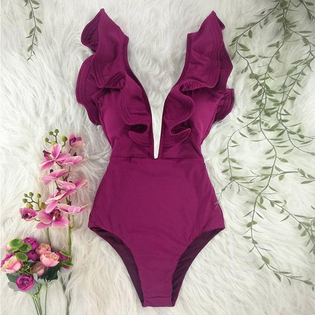 New Sexy Ruffle Print Floral One Piece Off The Shoulder Swimwear
