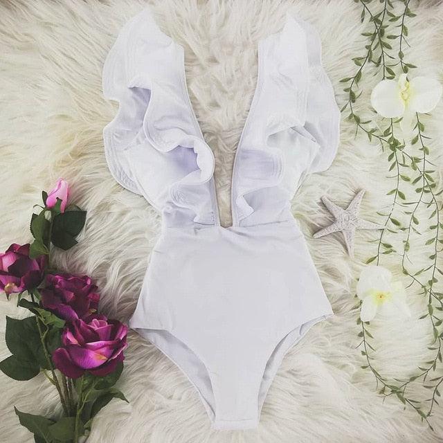 New Sexy Ruffle Print Floral One Piece Off The Shoulder Swimwear