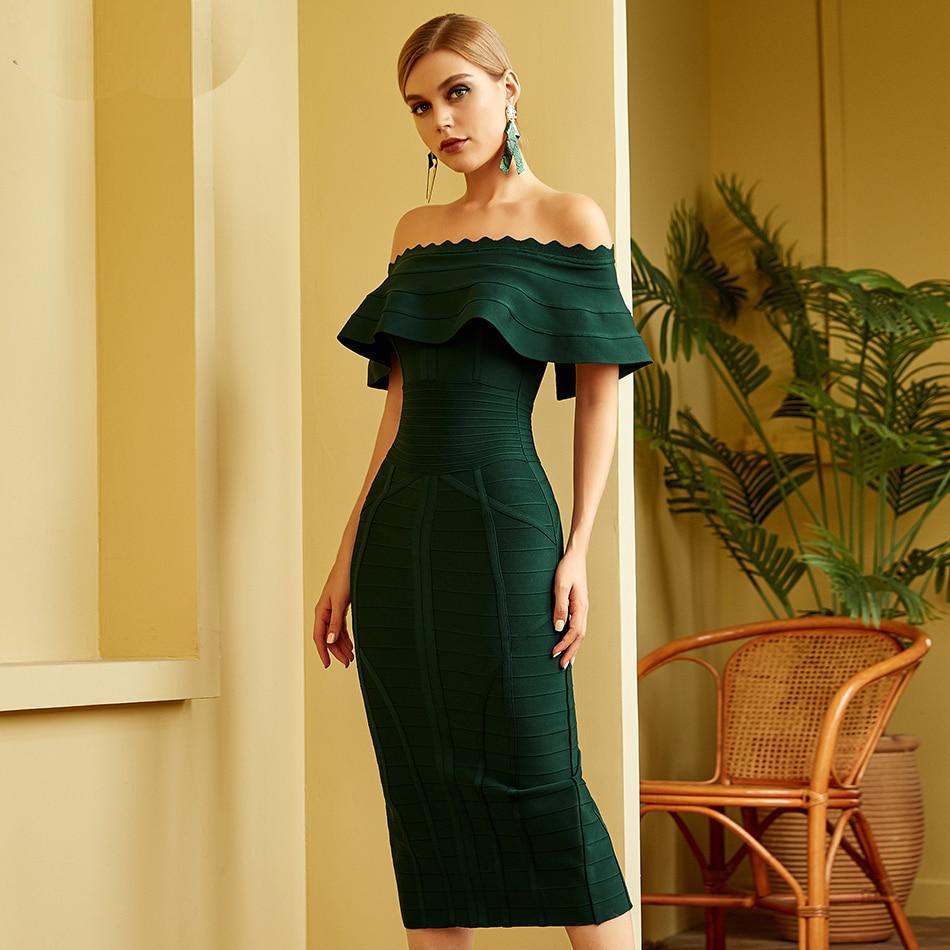 Women Green Off Shoulder Bandage Dress - HER SHOP