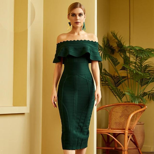 Women Green Off Shoulder Bandage Dress - HER SHOP