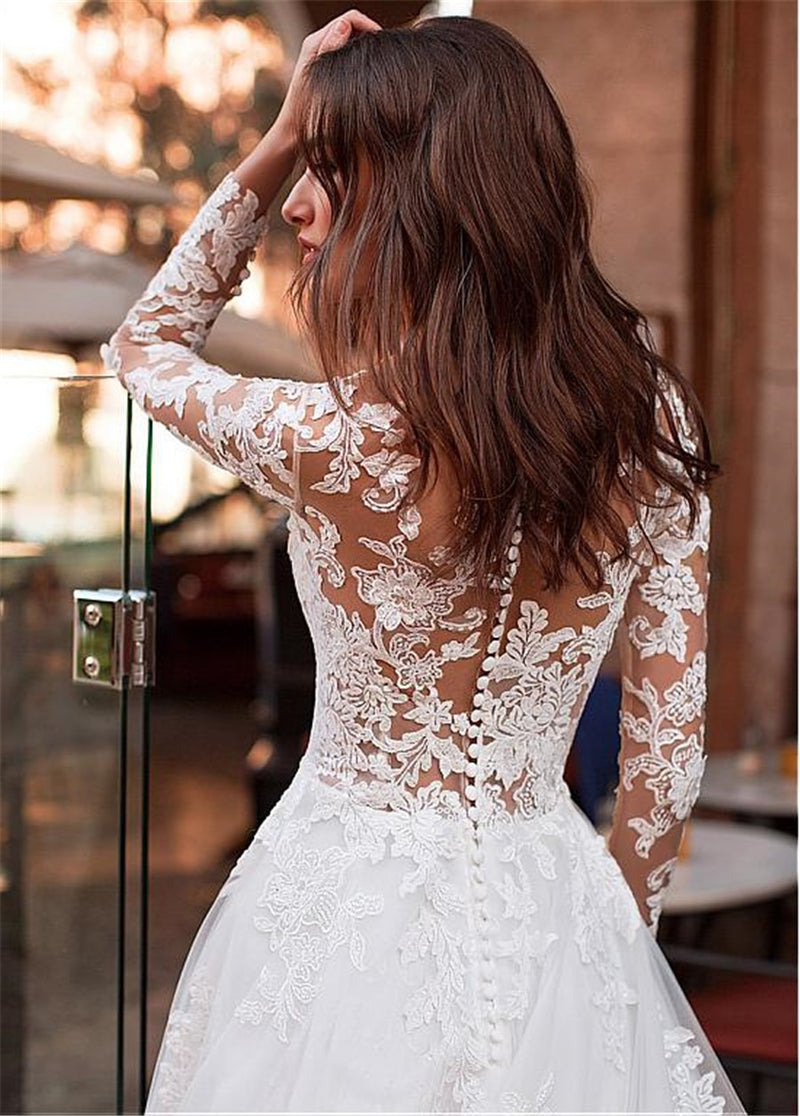 Lace Appliques Tulle A-line Long Wedding Dress Long Sleeve Bridal Dresses