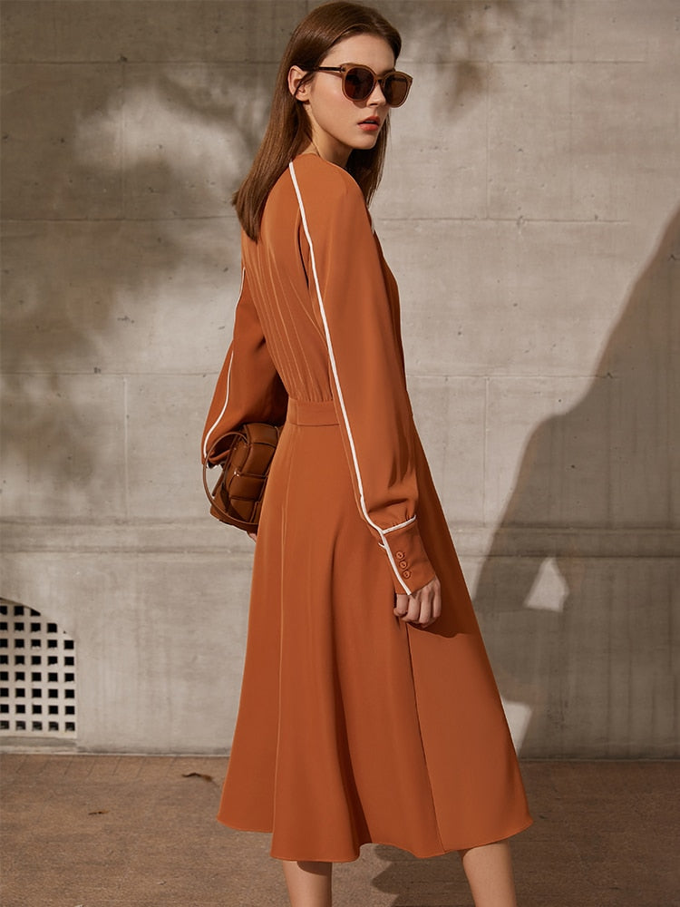 Minimalism Causal Full Sleeve High Waist Calf-length New Dress For