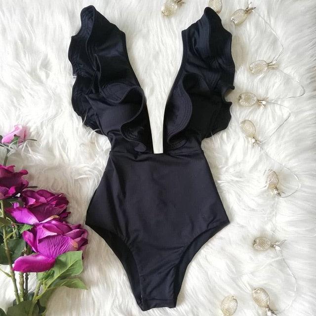 New Sexy Ruffle Print Floral One Piece Off The Shoulder Swimwear