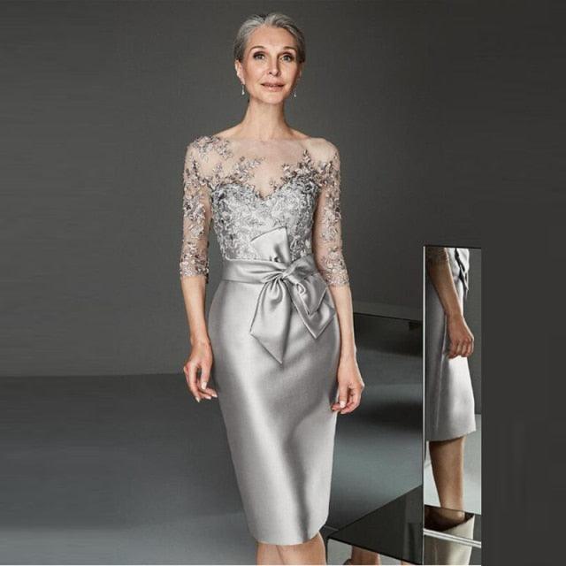 Silver Knee-Length Lace Mother of Bride Dress