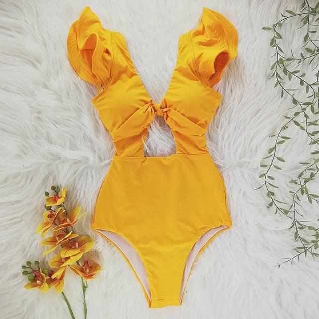 New Sexy Ruffle Print Floral One Piece Off The Shoulder Swimwear