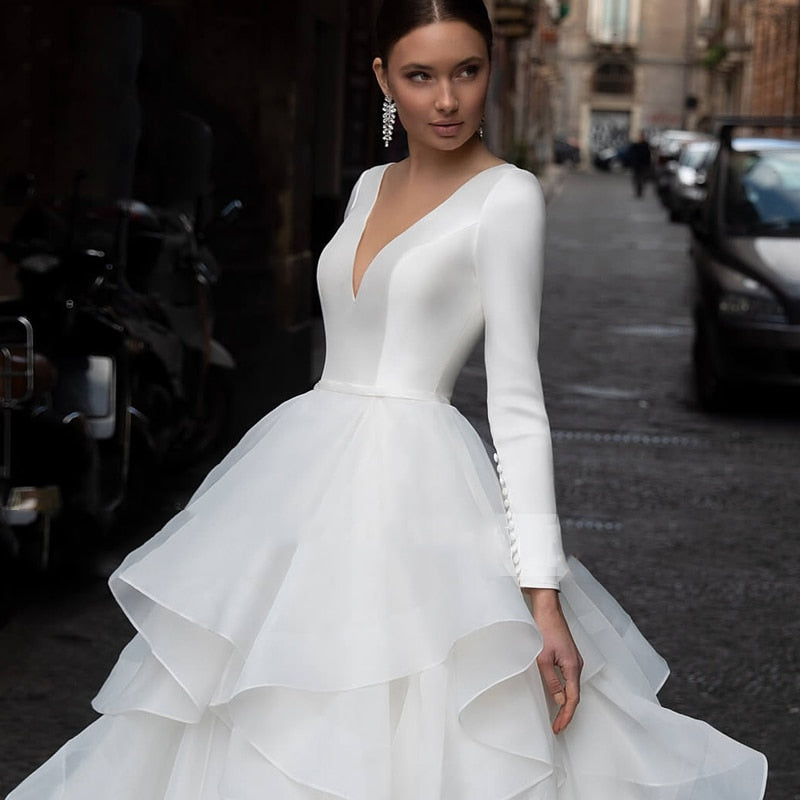 Graceful V-Neck Floor length Long Sleeve Wedding Dress With Corset Low Back