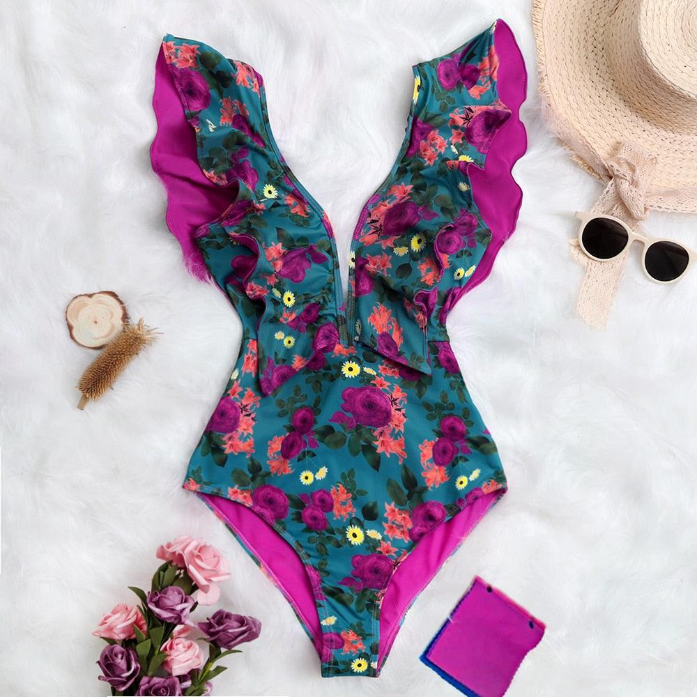 New Sexy Ruffle Print Floral One Piece Off The Shoulder Swimwear