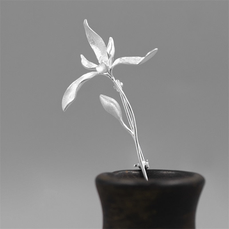 Elegant 925 Sterling Silver Orchid Flower Brooch Pin Gift for Women