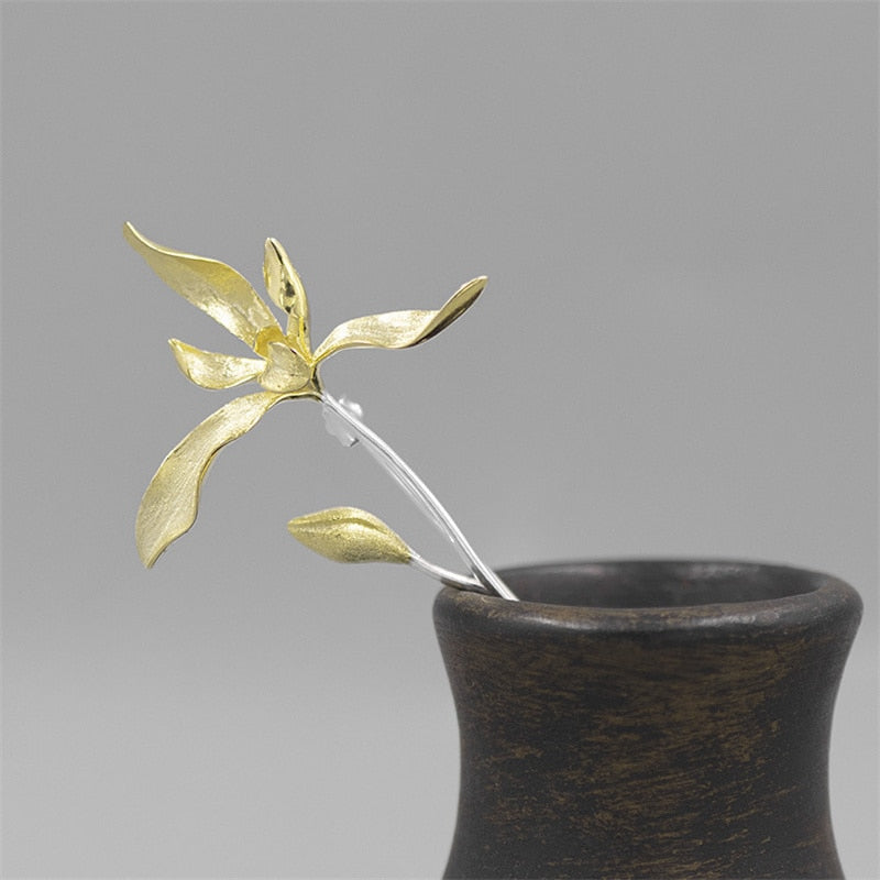 Elegant 925 Sterling Silver Orchid Flower Brooch Pin Gift for Women