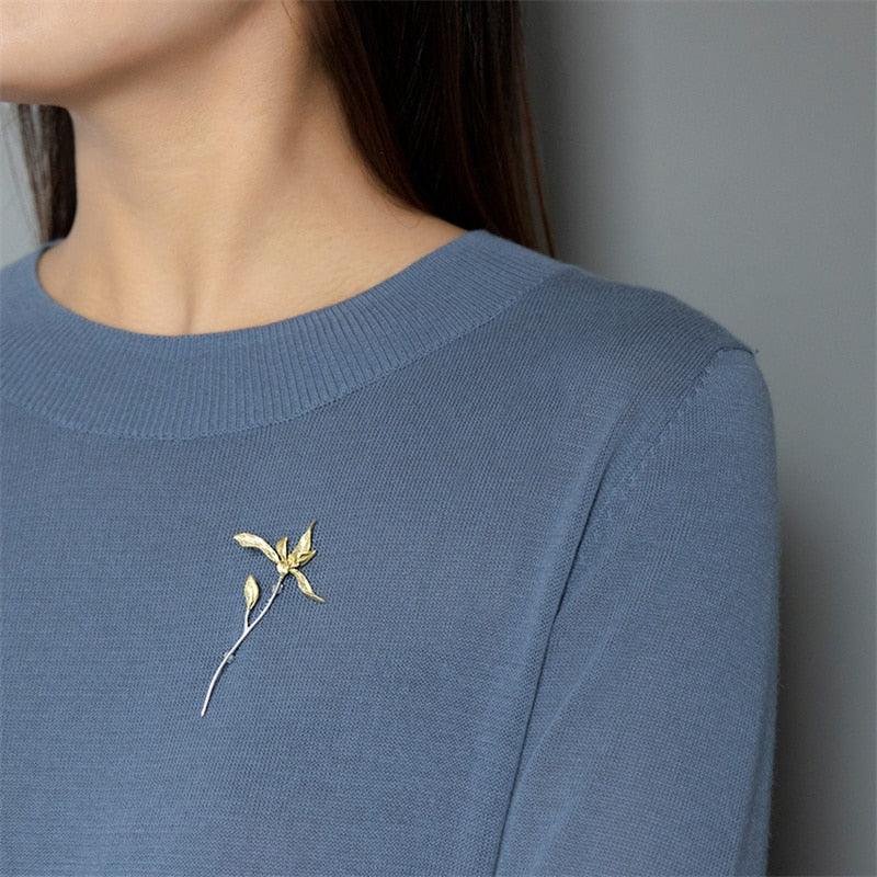 Elegant 925 Sterling Silver Orchid Flower Brooch Pin - A Perfect Gift for Women - HER SHOP