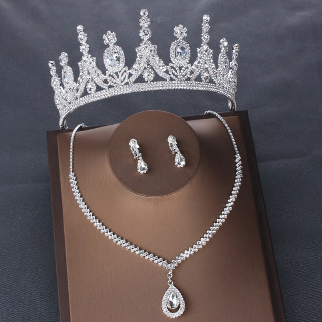 Crystal Bridal Jewelry Sets Rhinestone Crown Tiaras Earring Choker Necklace