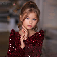 Sequin Burgundy Velvet Girls Knee-Length Dress – Perfect for Christmas Celebrations and Holiday Photoshoots