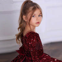 Sequin Burgundy Velvet Girls Knee Length Dress