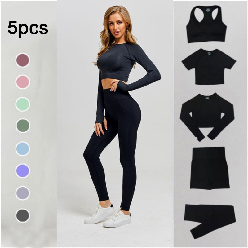 Seamless Women Yoga Sets / Gym Suits Long Sleeve Fitness Crop + Top High Waist Leggings