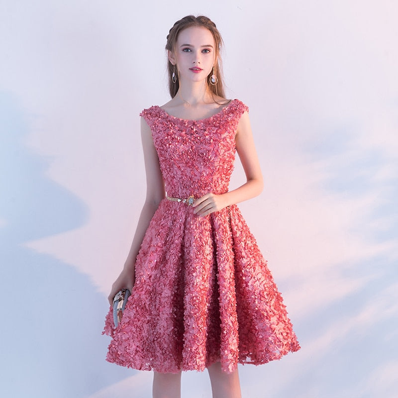 knee length pink lace dress