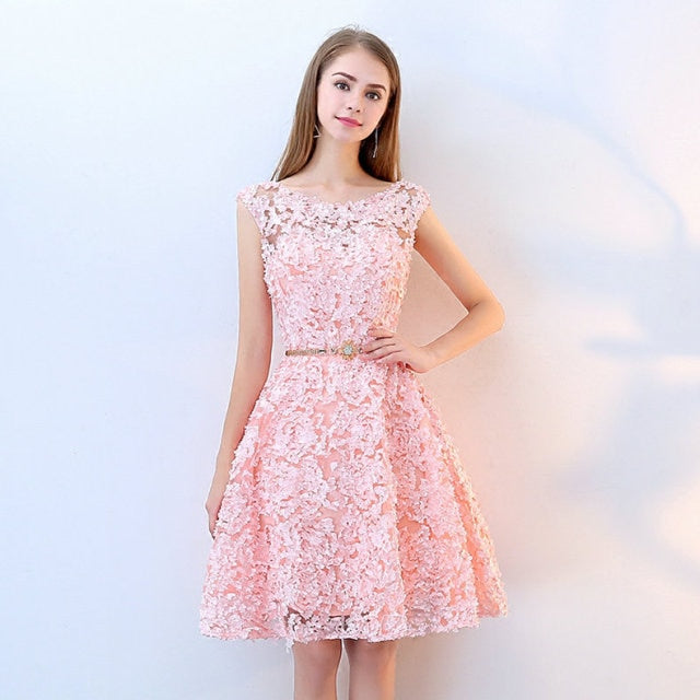 knee length pink lace dress