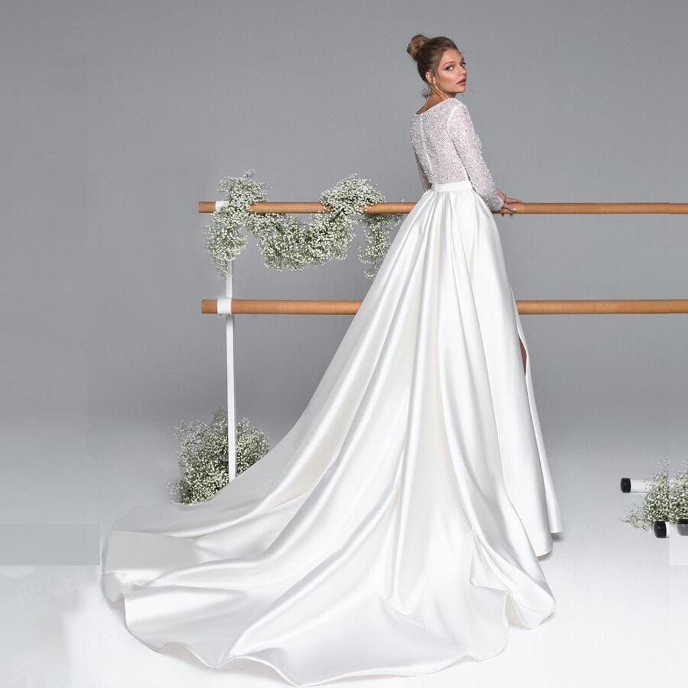 Custom Made Luxury Long Sleeve Satin Wedding Dress Simple & Chic Design Champagne 6 cm / Custom Size Custom Made Luxury Long Sleeve Satin Wedding Dress Simple & Chic Design Champagne 6 cm / Custom Size