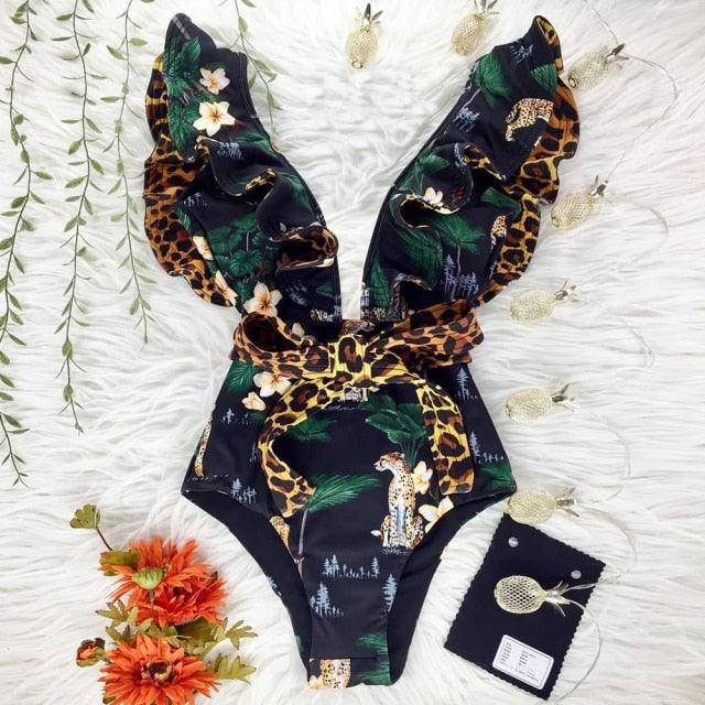 New Sexy Ruffle Print Floral One Piece Off The Shoulder Swimwear