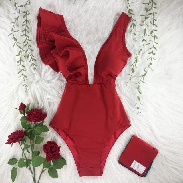 New Sexy Ruffle Print Floral One Piece Off The Shoulder Swimwear