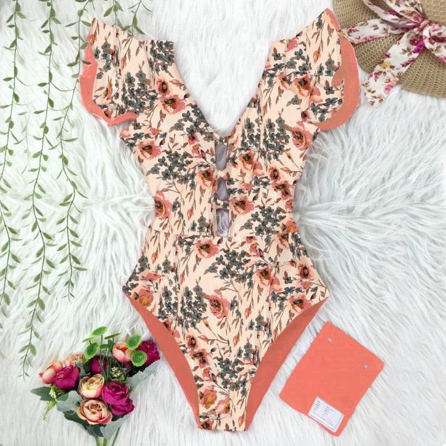 New Sexy Ruffle Print Floral One Piece Off The Shoulder Swimwear