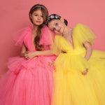 Pink Tulle Layers Puff Sleeves Bow Knot Flower Girl Dresses
