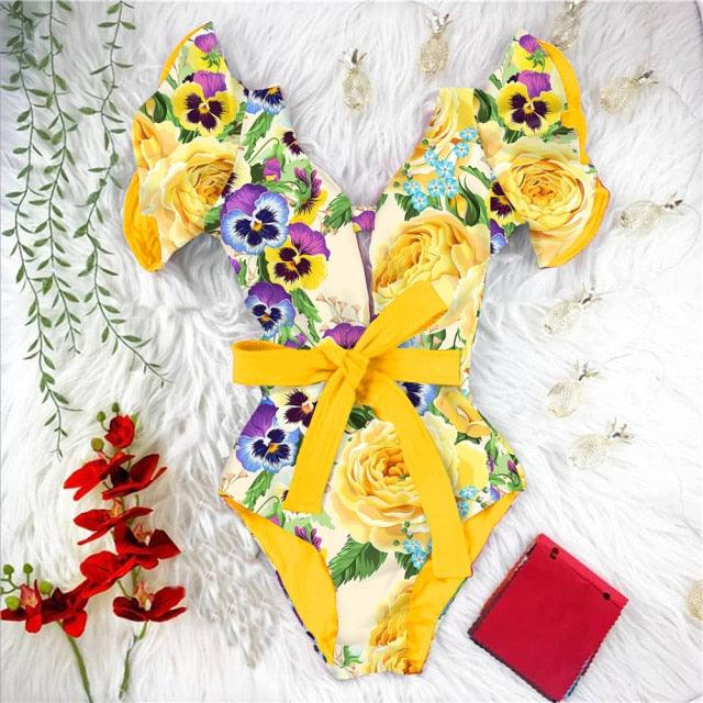 New Sexy Ruffle Print Floral One Piece Off The Shoulder Swimwear