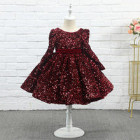 Sequin Burgundy Velvet Girls Knee Length Dress