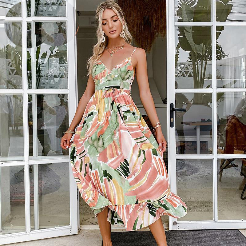Women Elegant Casual Green Sling Print Summer Dress