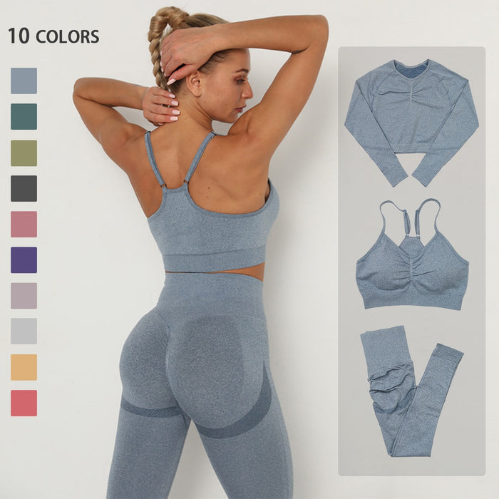 Seamless  Women Long Sleeve Crop Top High Waist Leggings+ Bra Yoga Sets