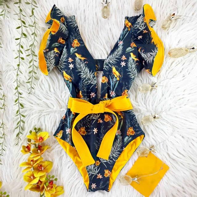 New Sexy Ruffle Print Floral One Piece Off The Shoulder Swimwear