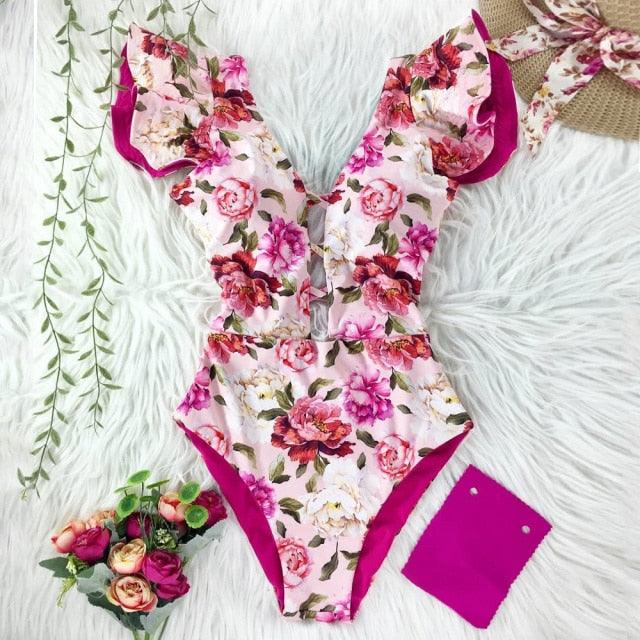 New Sexy Ruffle Print Floral One Piece Off The Shoulder Swimwear