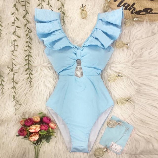 New Sexy Ruffle Print Floral One Piece Off The Shoulder Swimwear