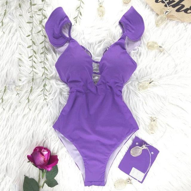New Sexy Ruffle Print Floral One Piece Off The Shoulder Swimwear