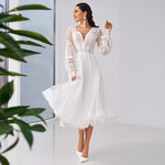 Elegant V-Neck Lace Long Sleeve Custom Made Tea Length Wedding Dress