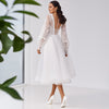 Elegant V-Neck Lace Long Sleeve Custom Made Tea Length Wedding Dress