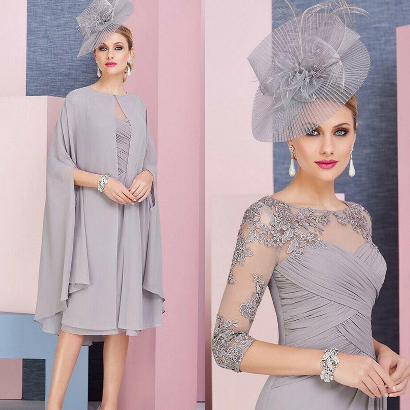 Gray Lace Elegant Chiffon Appliqued With Jacket 2 Pieces Plus Size Mother of the Bride Dresses