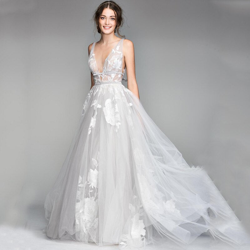Deep-V Neck 3D Floral Lace Romantic A line Boho Wedding Dress  Dream  wedding dresses, Backless wedding dress, Cheap prom dresses