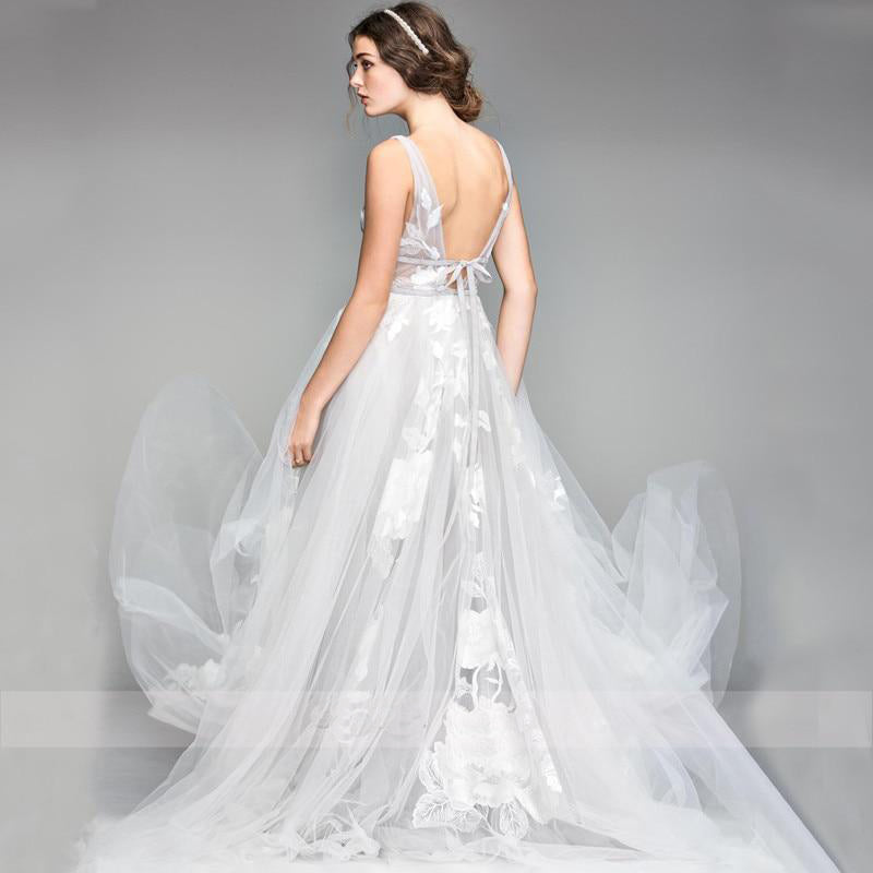 3D Flower Lace Appliques 2021 V-Neck Backless A-Line Tulle Wedding Dress
