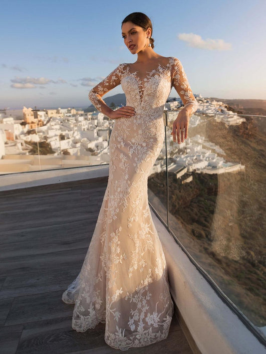 Sexy V-Neck Boho Mermaid Wedding Dress – Lace Appliqués & Romantic Slit - HER SHOP®