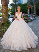 V Neck Lace Appliques 3D Flower Ball Gown Wedding Dress