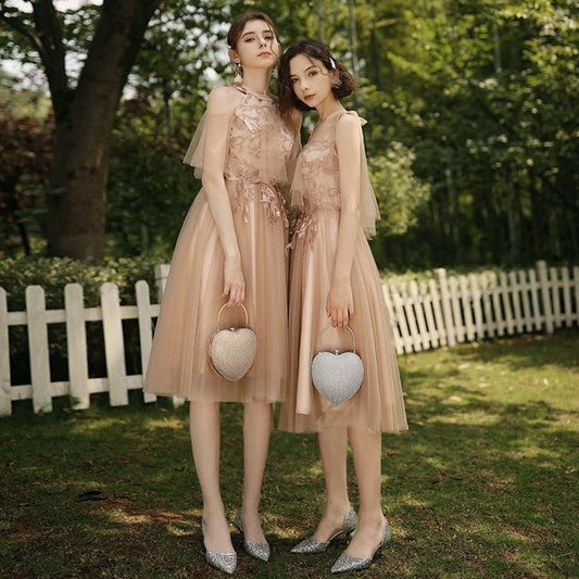 Pearls Embroidery Vintage Lace Tulle Knee-Length Bridesmaids Dress - HER SHOP