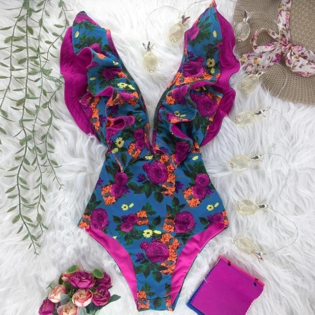 New Sexy Ruffle Print Floral One Piece Off The Shoulder Swimwear